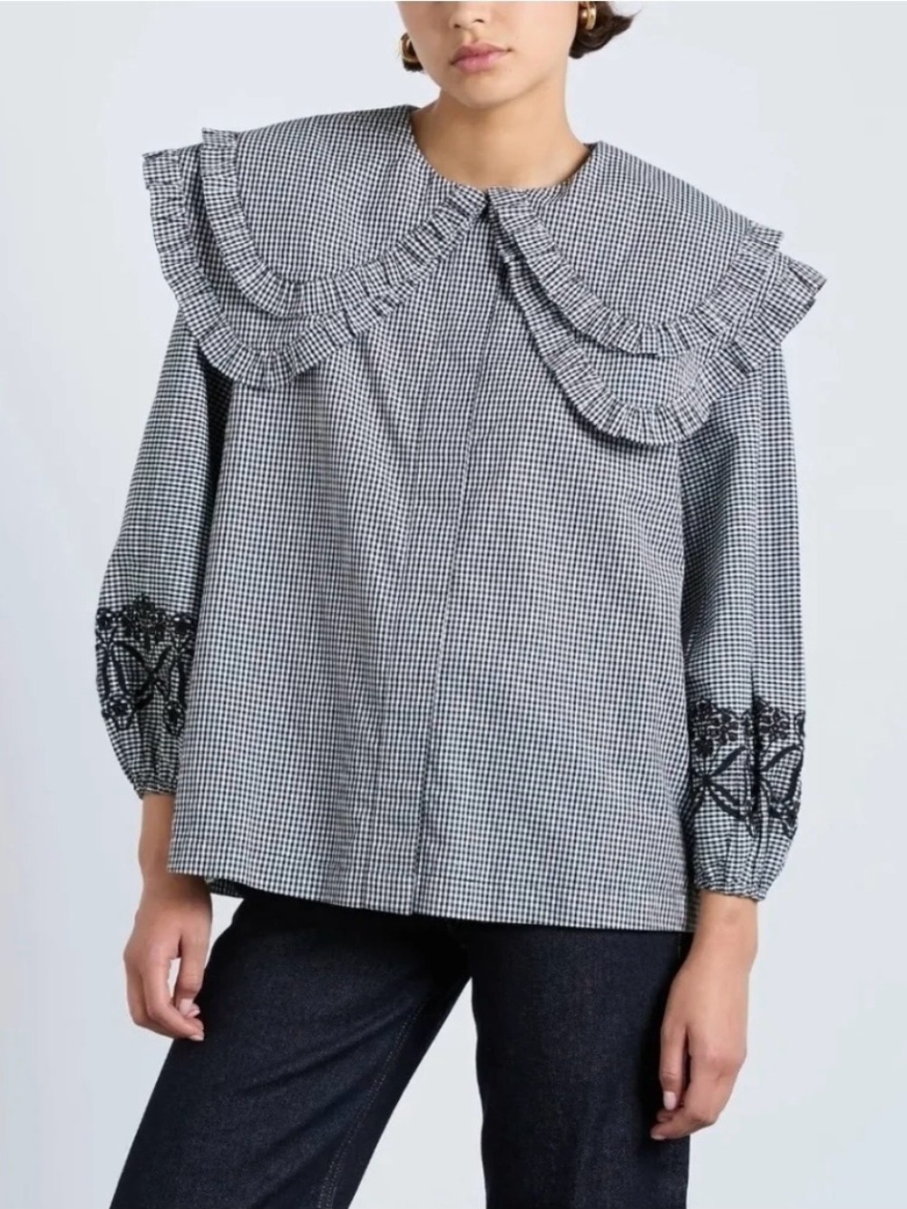 DAMSON MADDER Gingham Ruffle Collar Button-Down Blouse in Black and White